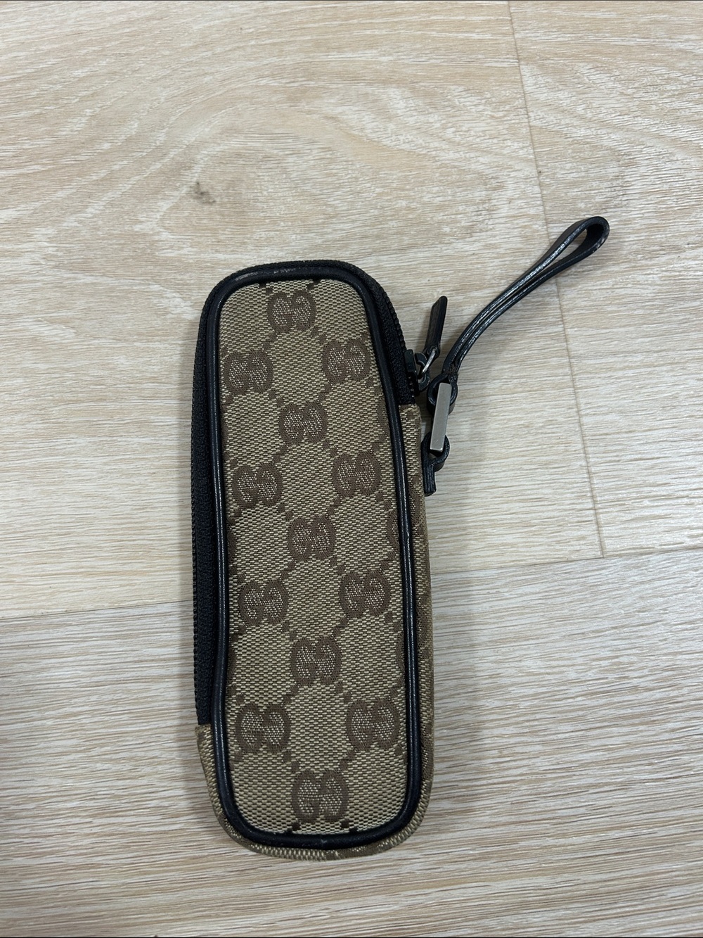 Gucci Brown Monogram GG Canvas Zip Wrist Key & Card Pouch